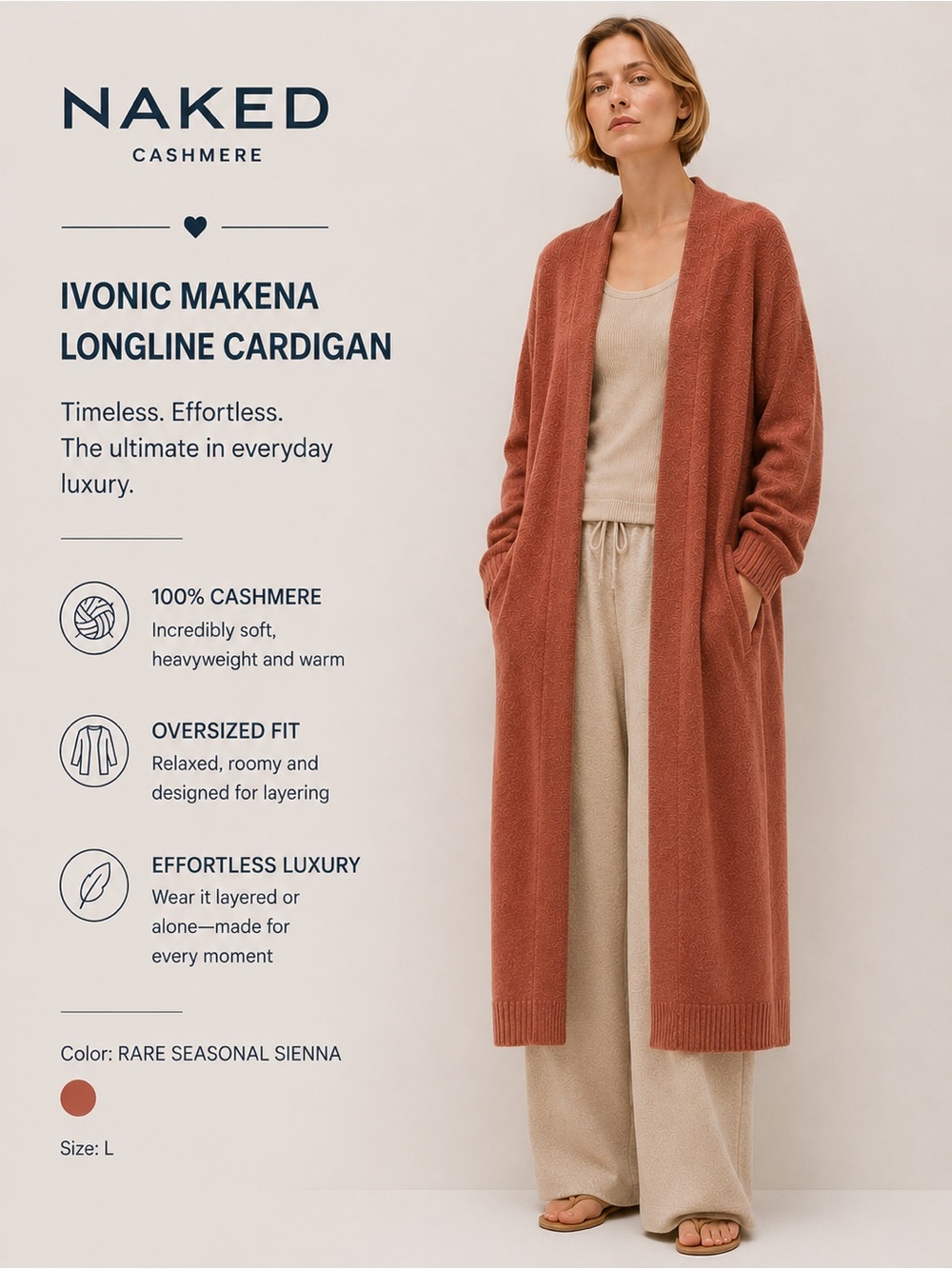 NakedCashmere Iconic “Makena” Longline Cardigan in Seasonal Sienna, $450 Retail